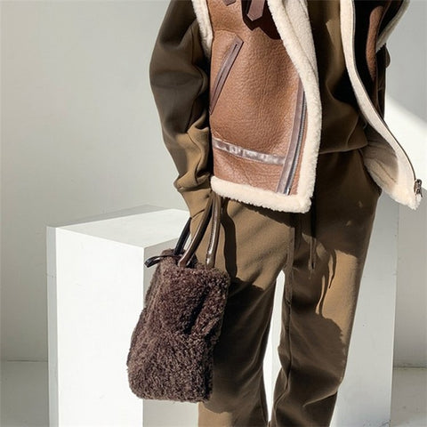 Large Nylon Soft Plush Tote Handbag Top-Handle Women's Bucket Bag Clutch Purse