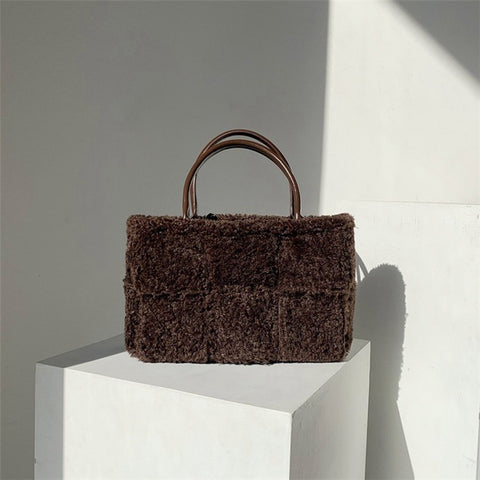 Large Nylon Soft Plush Tote Handbag Top-Handle Women's Bucket Bag Clutch Purse