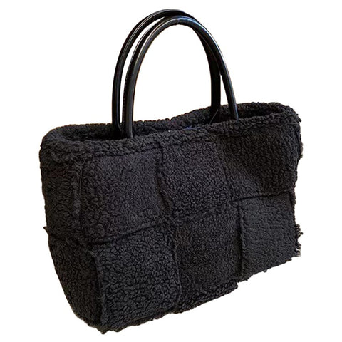 Large Nylon Soft Plush Tote Handbag Top-Handle Women's Bucket Bag Clutch Purse