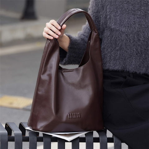 153 Top Layer Cowhide Leather Underarm Bag Women Single Shoulder Tote Bag