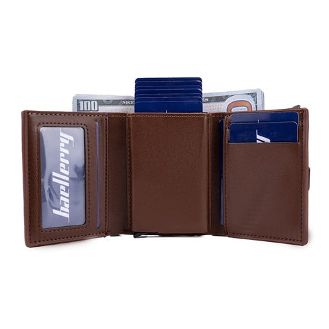 BAELLERRY K9218 RFID Blocking PU Leather Billfold Wallet Aluminum Pop-Up Card Holder