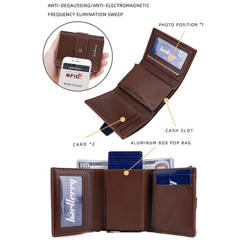 BAELLERRY K9218 RFID Blocking PU Leather Billfold Wallet Aluminum Pop-Up Card Holder