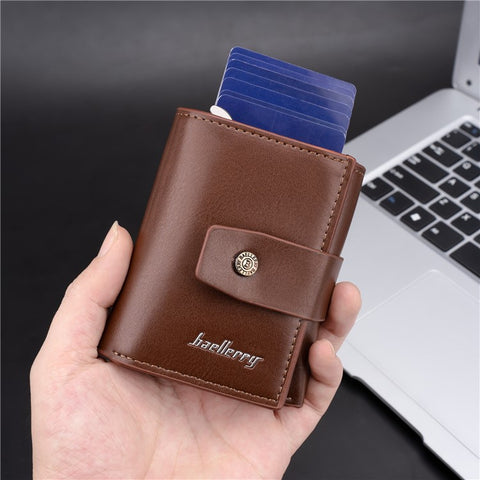 BAELLERRY K9218 RFID Blocking PU Leather Billfold Wallet Aluminum Pop-Up Card Holder