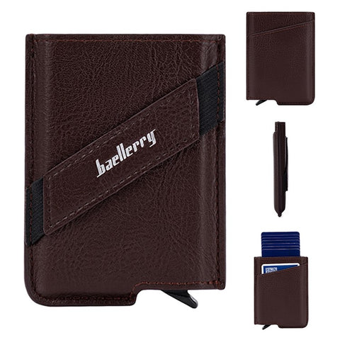 BAELLERRY K9219 Pop-up Men's RFID Blocking Card Holder PU Leather+Metal Card Carrying Case