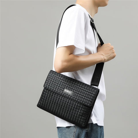 BAELLERRY F70717 Woven Design PU Crossbody Bag for Men Large Capacity Portable Magnetic Buckle Shoulder Bag, Black