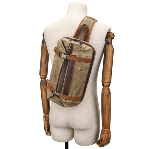 Retro Men Waxed Canvas+Cowhide Chest Bag Breathable Single Shoulder Crossbody Bag