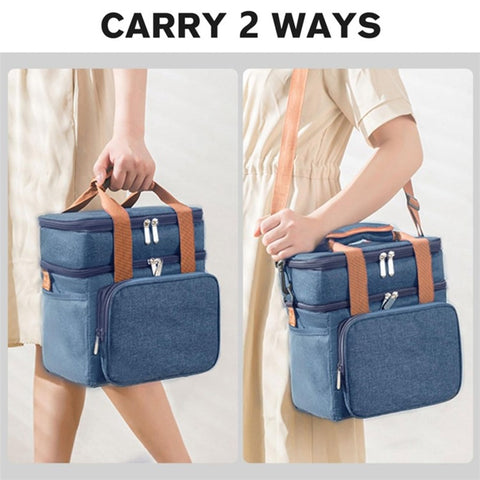 2 Layers Insulated Lunch Bag Large Capacity Food Storage Drink Cooling Handbag with Shoulder Strap