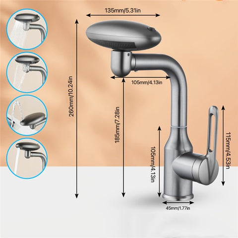 Wash Basin Rotatable Four Modes Hot and Cold Water Faucet Home Bathroom Tap with 2 Water Inlet Pipes