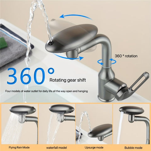 Wash Basin Rotatable Four Modes Hot and Cold Water Faucet Home Bathroom Tap with 2 Water Inlet Pipes
