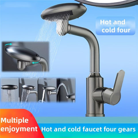 Wash Basin Rotatable Four Modes Hot and Cold Water Faucet Home Bathroom Tap with 2 Water Inlet Pipes