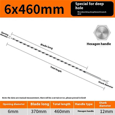 6x460mm Deep Hole Extended Auger Drill Bit Woodworking Hex Shank Bit for Electric Drill / Bench Drill
