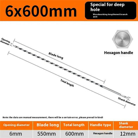 6x600mm Deep Hole Extended Auger Drill Bit Woodworking Hex Shank Bit for Electric Drill / Bench Drill