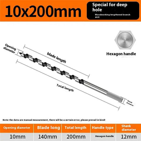 10x200mm Deep Hole Extended Auger Drill Bit Woodworking Hex Shank Bit for Electric Drill / Bench Drill