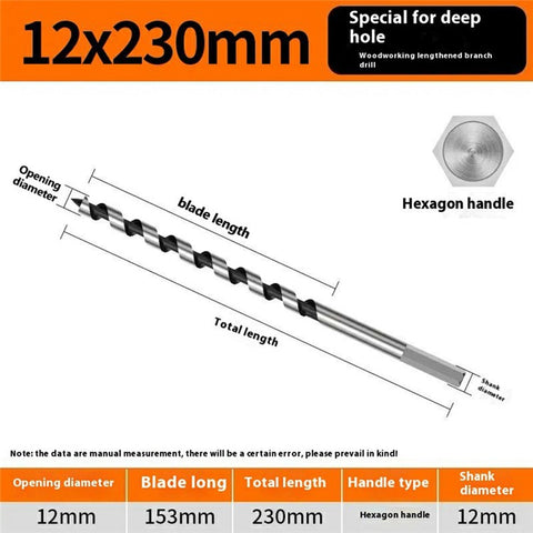 12x230mm Deep Hole Extended Auger Drill Bit Woodworking Hex Shank Bit for Electric Drill / Bench Drill