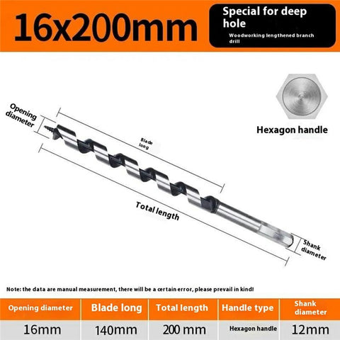 16x200mm Deep Hole Extended Auger Drill Bit Woodworking Hex Shank Bit for Electric Drill / Bench Drill