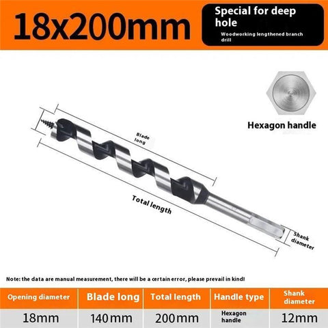 18x200mm Deep Hole Extended Auger Drill Bit Woodworking Hex Shank Bit for Electric Drill / Bench Drill