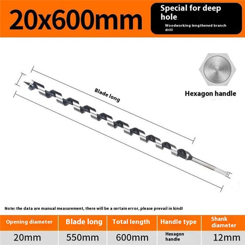 20 x 600mm Deep Hole Extended Auger Drill Bit Woodworking Hex Shank Bit for Electric Drill  /  Bench Drill