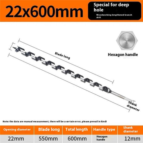 22 x 600mm Deep Hole Extended Auger Drill Bit Woodworking Hex Shank Bit for Electric Drill  /  Bench Drill