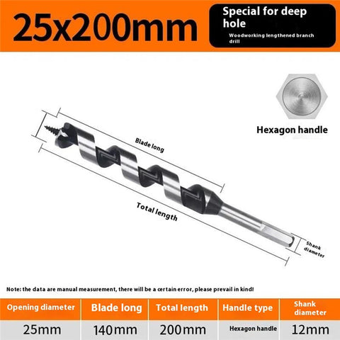 25 x 200mm Deep Hole Extended Auger Drill Bit Woodworking Hex Shank Bit for Electric Drill / Bench Drill