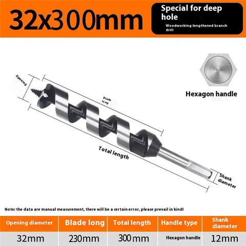 32 x 300mm Deep Hole Extended Auger Drill Bit Woodworking Hex Shank Bit for Electric Drill / Bench Drill