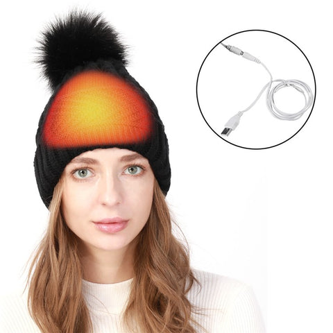 USB Heated Hat Beanie Autumn Winter Warm Knitted Cap with Pompom for Outdoor Cycling Hiking Skiing