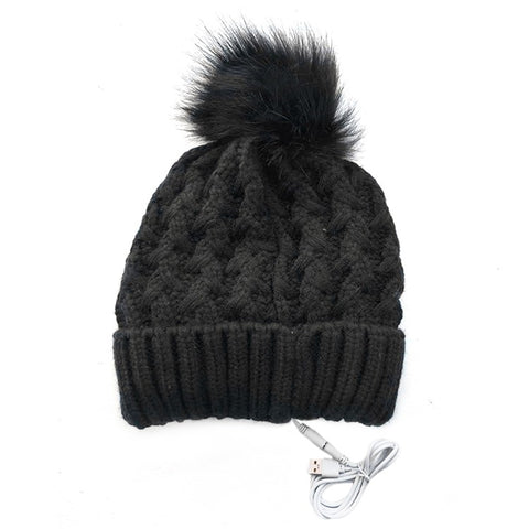 USB Heated Hat Beanie Autumn Winter Warm Knitted Cap with Pompom for Outdoor Cycling Hiking Skiing