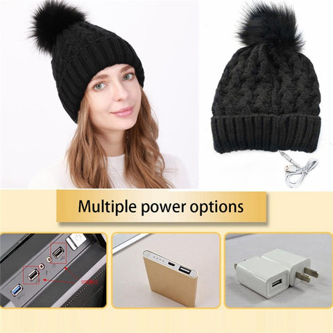 USB Heated Hat Beanie Autumn Winter Warm Knitted Cap with Pompom for Outdoor Cycling Hiking Skiing