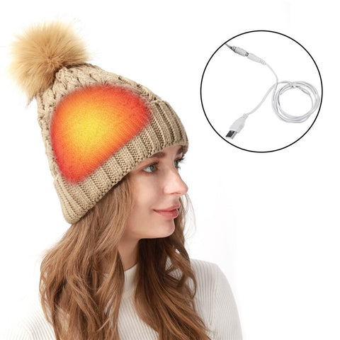 USB Heated Hat Beanie Autumn Winter Warm Knitted Cap with Pompom for Outdoor Cycling Hiking Skiing