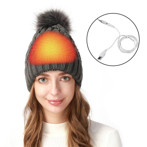 USB Heated Hat Beanie Autumn Winter Warm Knitted Cap with Pompom for Outdoor Cycling Hiking Skiing