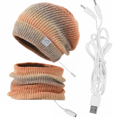 USB Heated Hat and Scarf Set Knit Beanie Hat Neck Warmer for Men Women Soft Lined Knitted Hat Winter Warm Cap
