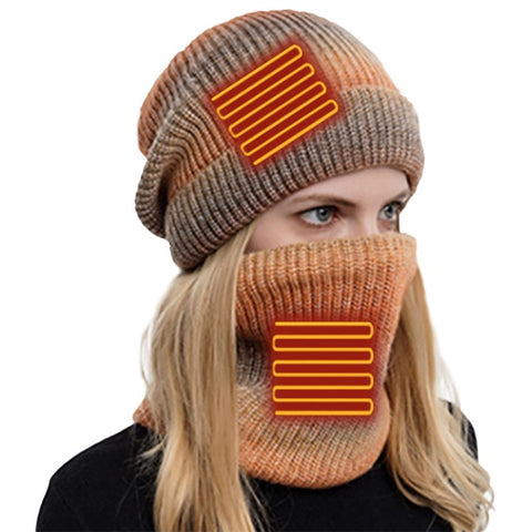 USB Heated Hat and Scarf Set Knit Beanie Hat Neck Warmer for Men Women Soft Lined Knitted Hat Winter Warm Cap