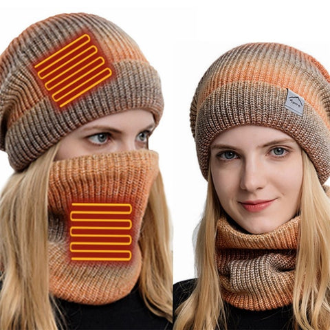 USB Heated Hat and Scarf Set Knit Beanie Hat Neck Warmer for Men Women Soft Lined Knitted Hat Winter Warm Cap
