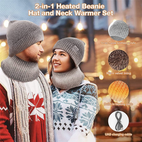 USB Heated Hat and Scarf Set Knit Beanie Hat Neck Warmer for Men Women Soft Lined Knitted Hat Winter Warm Cap