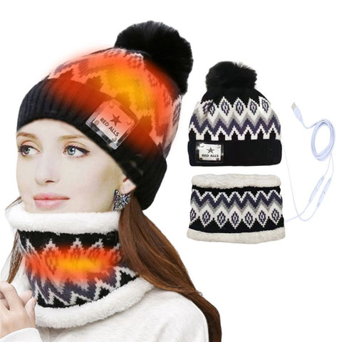USB Heated Hat and Scarf Set Outdoor Winter Electric Hat Neck Warmer for Women Soft Lined Knitted Hat Warm Cap