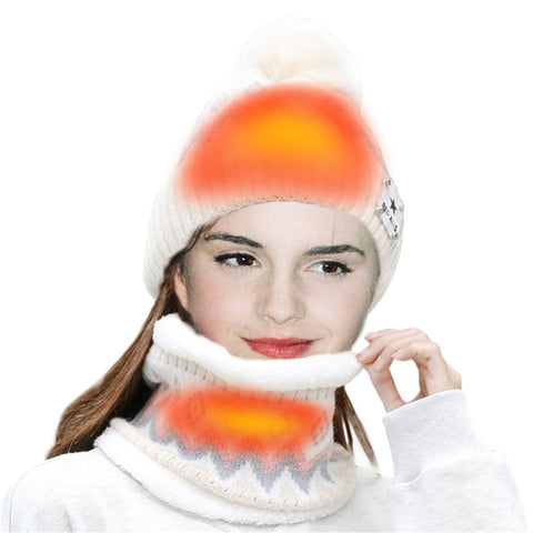 USB Heated Hat and Scarf Set Outdoor Winter Electric Hat Neck Warmer for Women Soft Lined Knitted Hat Warm Cap