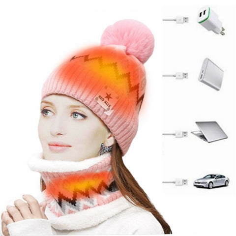 USB Heated Hat and Scarf Set Outdoor Winter Electric Hat Neck Warmer for Women Soft Lined Knitted Hat Warm Cap