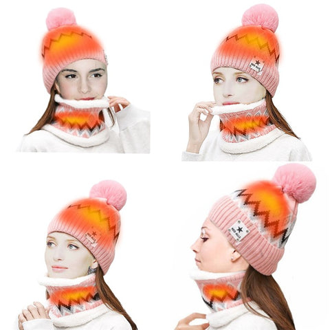 USB Heated Hat and Scarf Set Outdoor Winter Electric Hat Neck Warmer for Women Soft Lined Knitted Hat Warm Cap