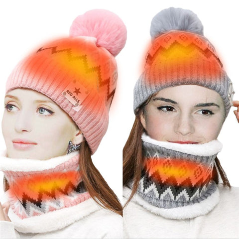 USB Heated Hat and Scarf Set Outdoor Winter Electric Hat Neck Warmer for Women Soft Lined Knitted Hat Warm Cap
