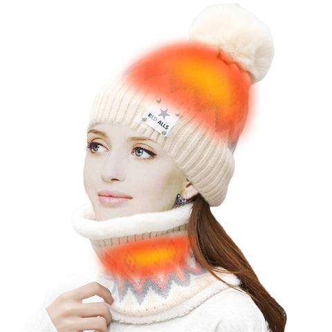 USB Heated Hat and Scarf Set Outdoor Winter Electric Hat Neck Warmer for Women Soft Lined Knitted Hat Warm Cap
