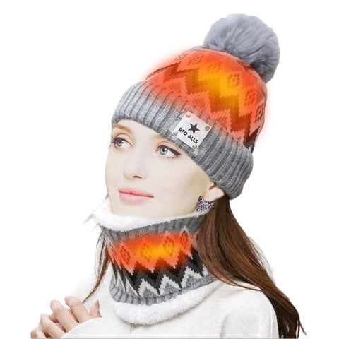 USB Heated Hat and Scarf Set Outdoor Winter Electric Hat Neck Warmer for Women Soft Lined Knitted Hat Warm Cap