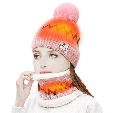 USB Heated Hat and Scarf Set Outdoor Winter Electric Hat Neck Warmer for Women Soft Lined Knitted Hat Warm Cap