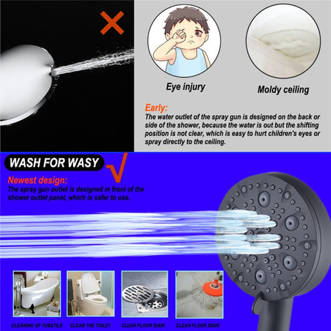 Water Saving 10 Modes Handheld Filter Shower Head with Stainless Steel Hose + Bracket, Matte Black