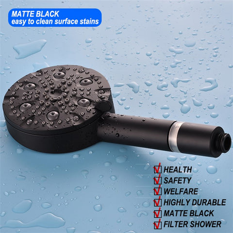 Water Saving 10 Modes Handheld Filter Shower Head with Stainless Steel Hose + Bracket, Matte Black