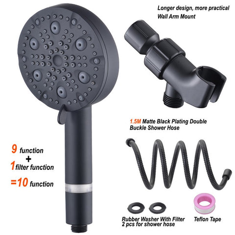 Water Saving 10 Modes Handheld Filter Shower Head with Stainless Steel Hose + Bracket, Matte Black