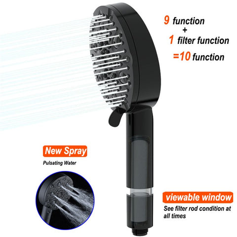 Water Saving 10 Modes Handheld Filter Shower Head with Stainless Steel Hose + Bracket, Matte Black