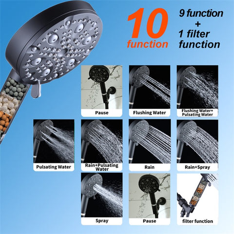 Water Saving 10 Modes Handheld Filter Shower Head with Stainless Steel Hose + Bracket, Matte Black