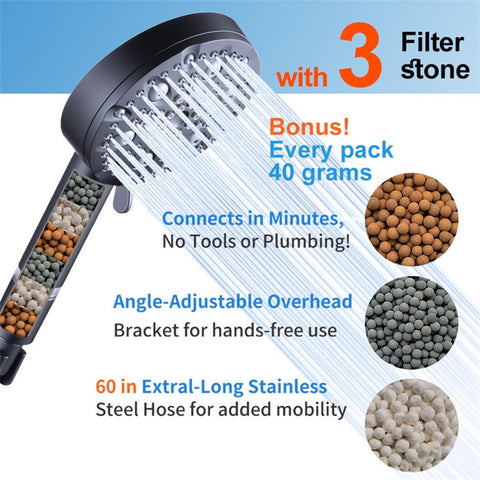 Water Saving 10 Modes Handheld Filter Shower Head with Stainless Steel Hose + Bracket, Matte Black