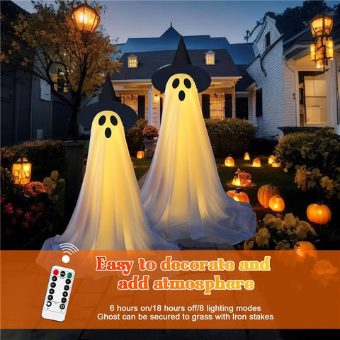 2Pcs Halloween Outdoor Ghost Decoration with String Lights, Adjustable Height for Front Door, Porch, and Yard
