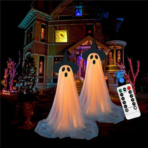 2Pcs Halloween Outdoor Ghost Decoration with String Lights, Adjustable Height for Front Door, Porch, and Yard