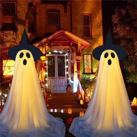 2Pcs Halloween Outdoor Ghost Decoration with String Lights, Adjustable Height for Front Door, Porch, and Yard
